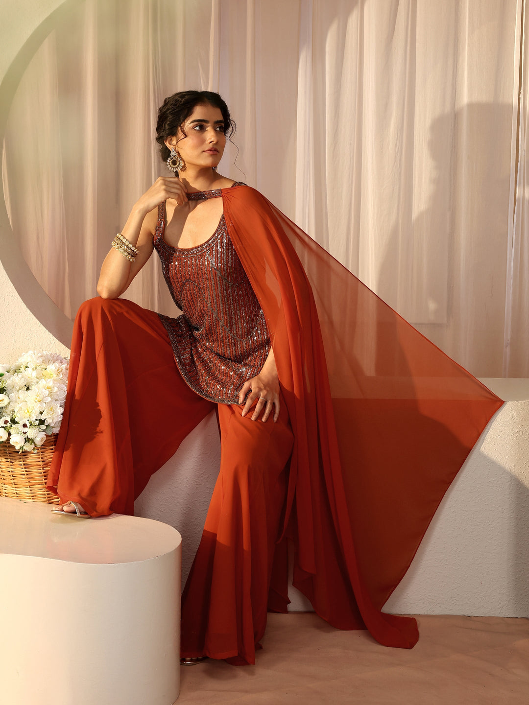 Libas Art Orange Embellished Georgette Palazzo Suit Set