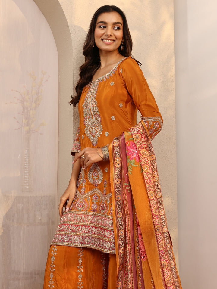 Libas Art Orange Embroidered Crepe Straight Suit Set With Dupatta