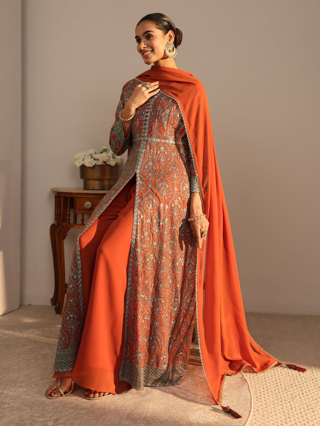 Libas Art Orange Embroidered Georgette A-Line Suits Set With Dupatta