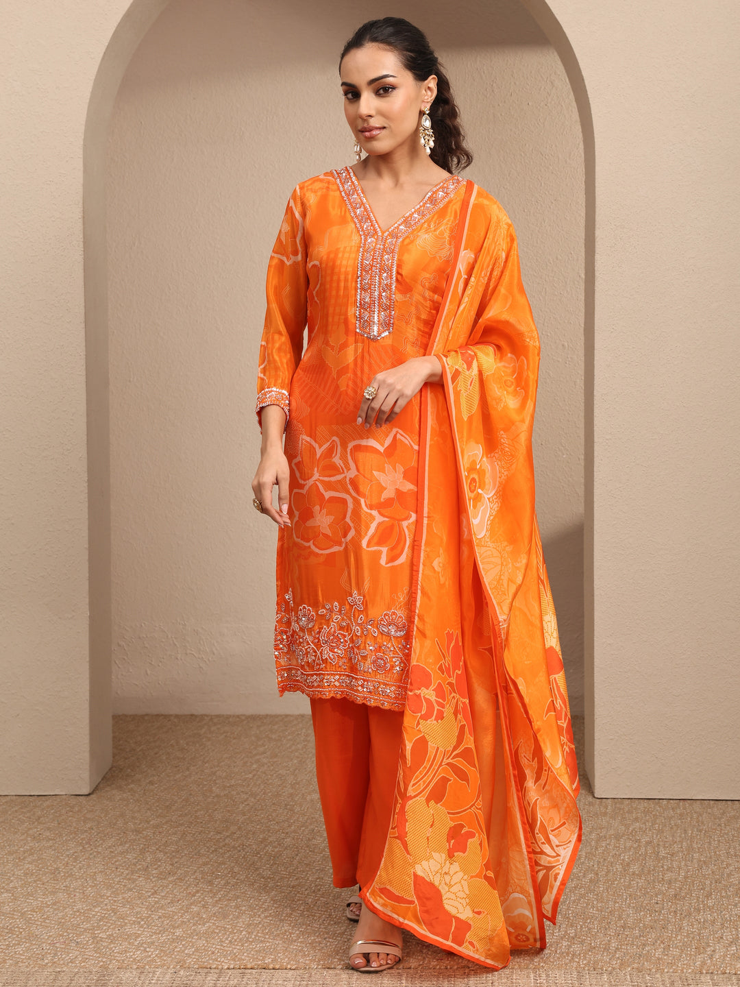 Libas Art Orange Embroidered Silk blend Straight Suit Set With Dupatta