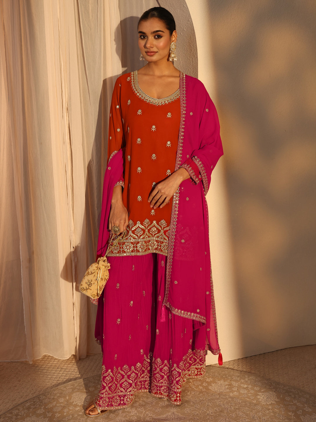 Libas Art Orange Floral Embroidered Georgette Straight Suits Set With Dupatta