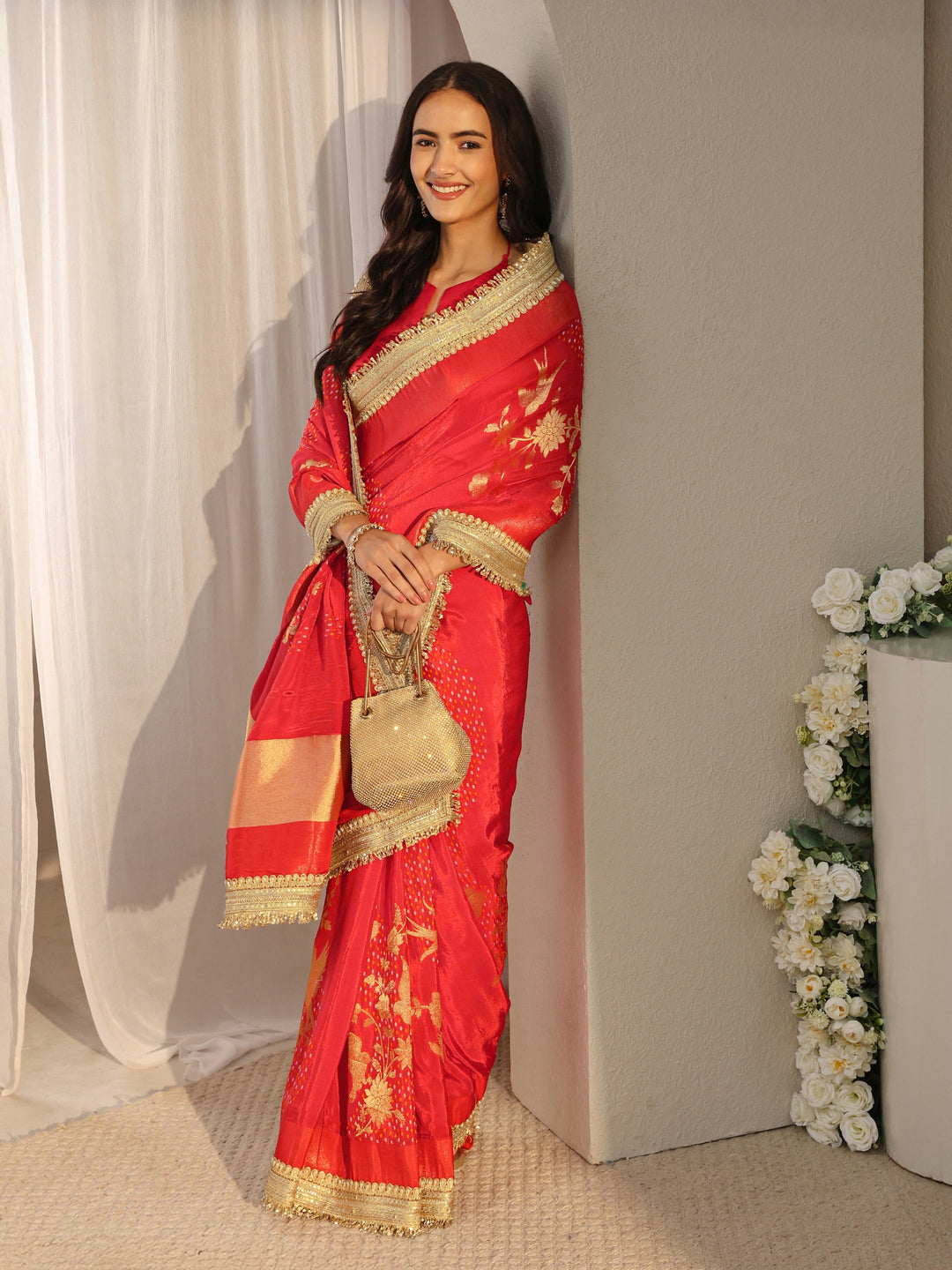 Libas Art Orange Floral Woven Design Satin Saree With Unstitched Blouse Piece