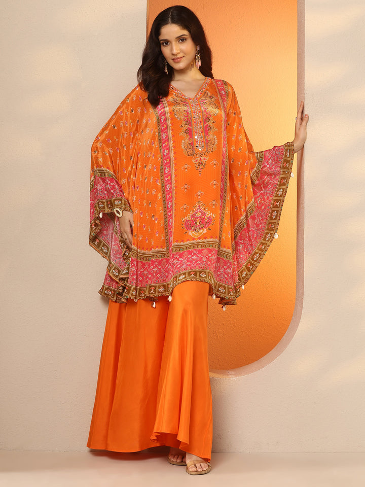 Libas Art Orange Printed Crepe A-Line Kurta Set