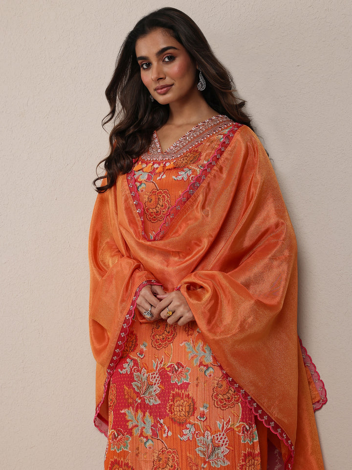Libas Art Orange Printed Silk Blend Straight Suit Set With Dupatta
