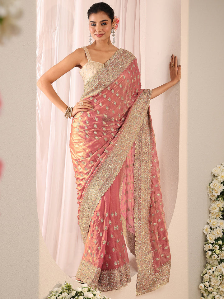Libas Art Peach Embellished Tissue Saree With Unstitched Blouse Piece