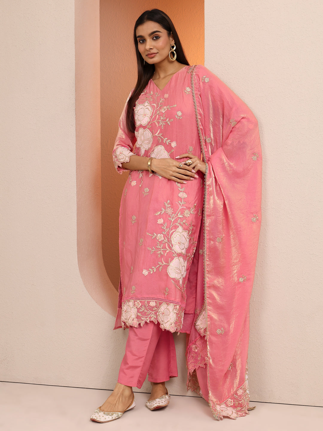 Libas Art Peach Embroidered Organza Anarkali Suit Set With Dupatta