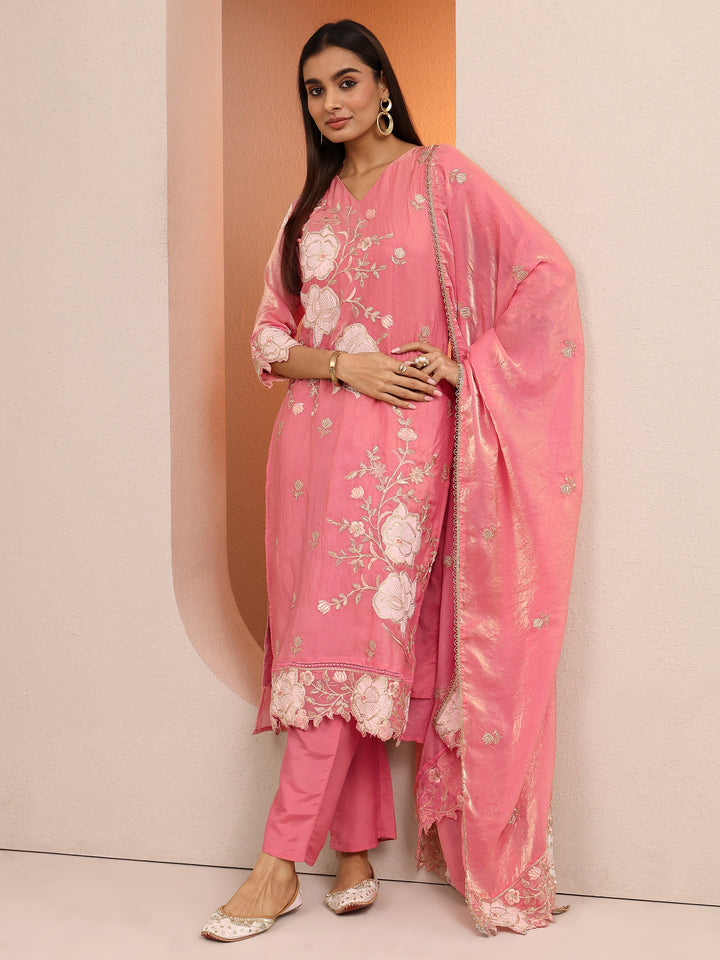 Libas Art Peach Embroidered Organza Anarkali Suit Set With Dupatta