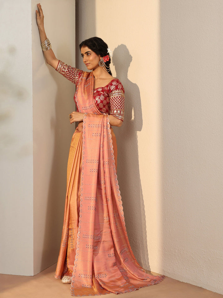 Libas Art Peach Floral Embellished Satin Saree