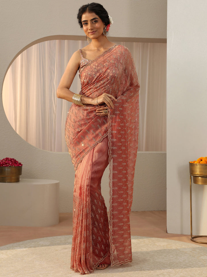 Libas Art Peach Floral Embellished Tissue Saree