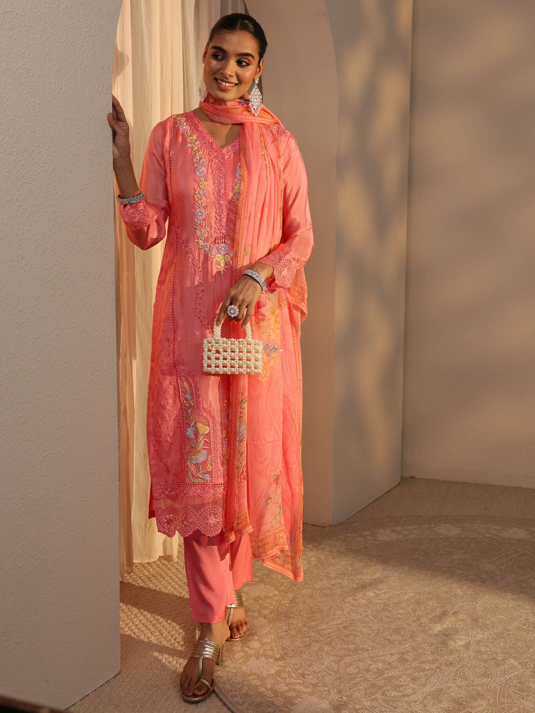 Libas Art Peach Floral Embroidered Organza Straight Suits Set With Dupatta