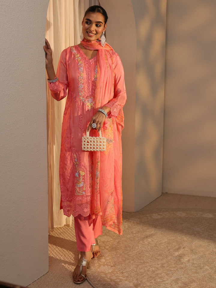 Libas Art Peach Floral Embroidered Organza Straight Suits Set With Dupatta