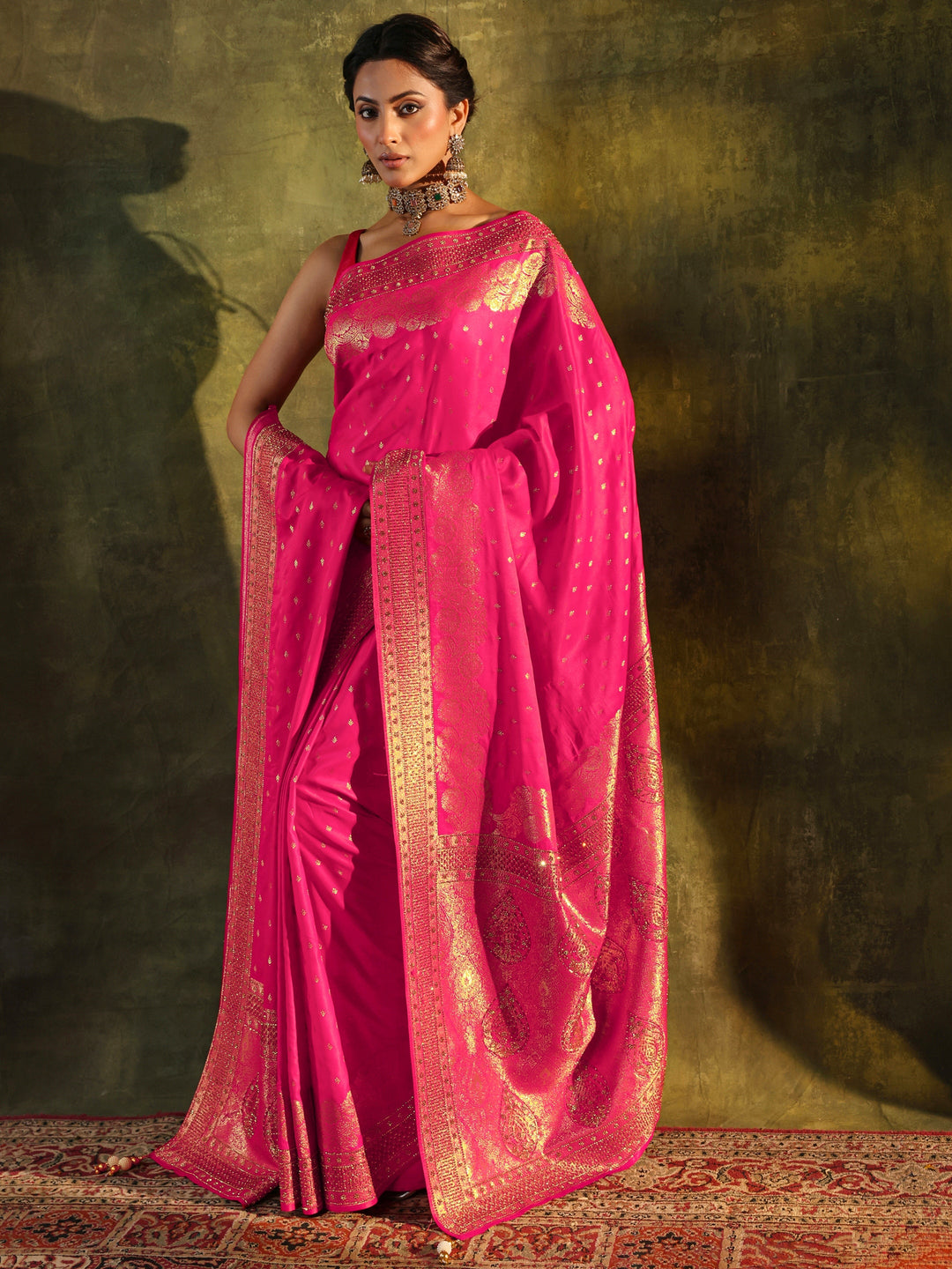 Libas Art Pink Banarasi Satin Saree With Unstitched Blouse And Dupatta