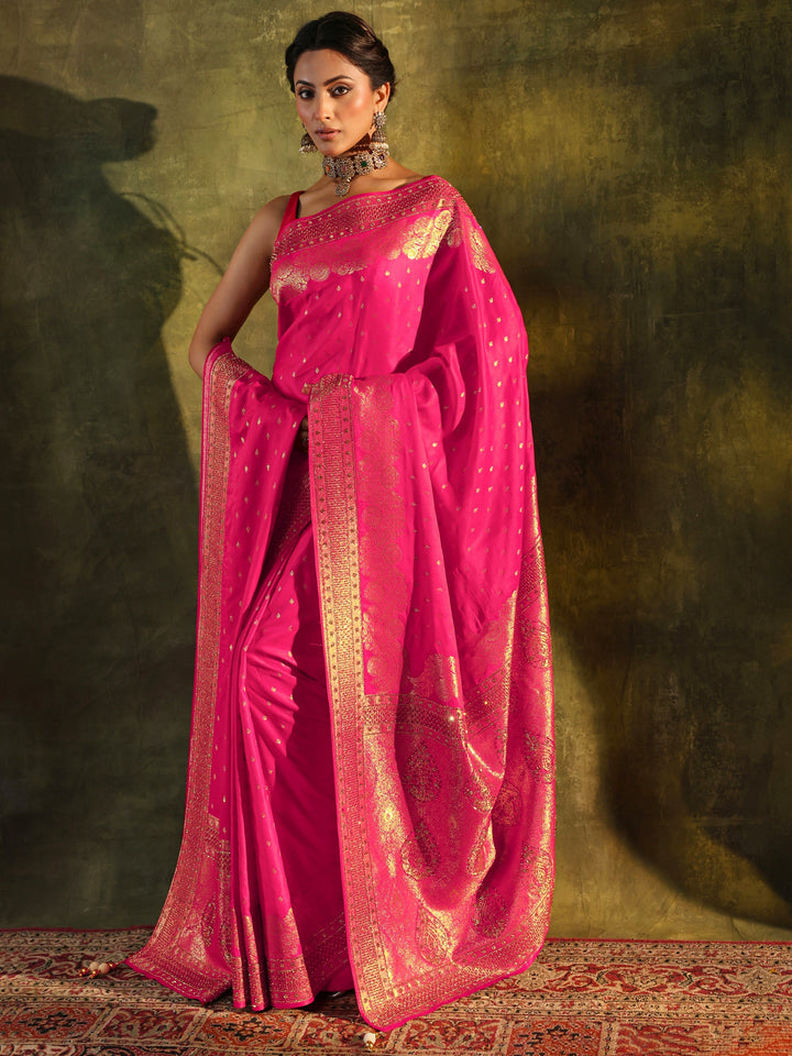 Libas Art Pink Banarasi Satin Saree With Unstitched Blouse And Dupatta