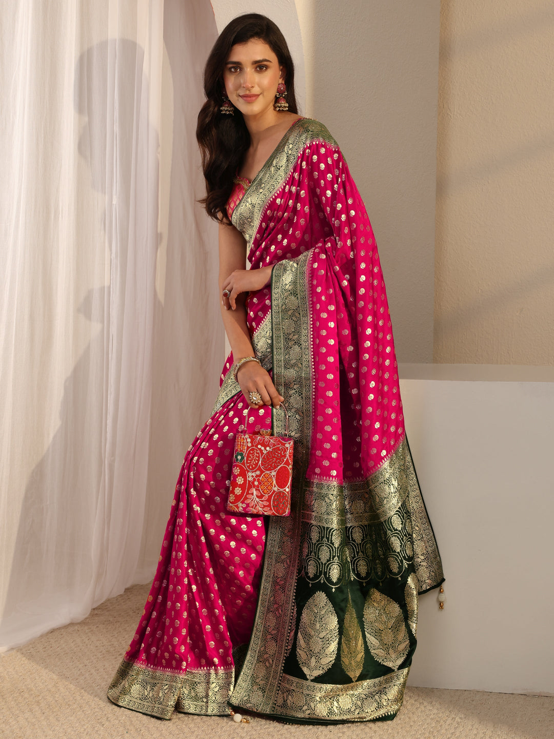 Libas Art Pink Banarasi Satin Saree With Unstitched Blouse Piece