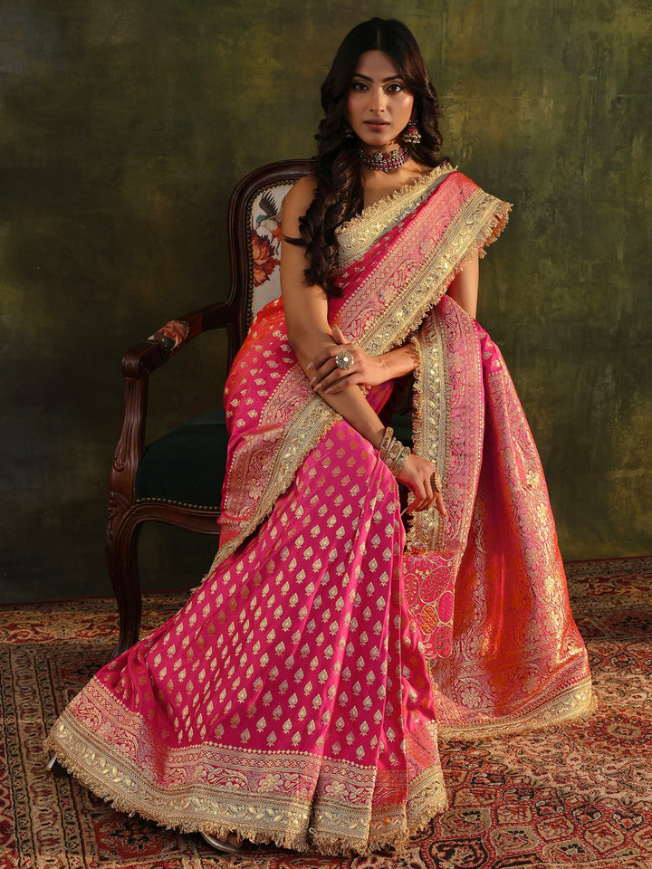 Libas Art Pink Banarasi Silk Blend Saree With Unstitched Blouse Piece