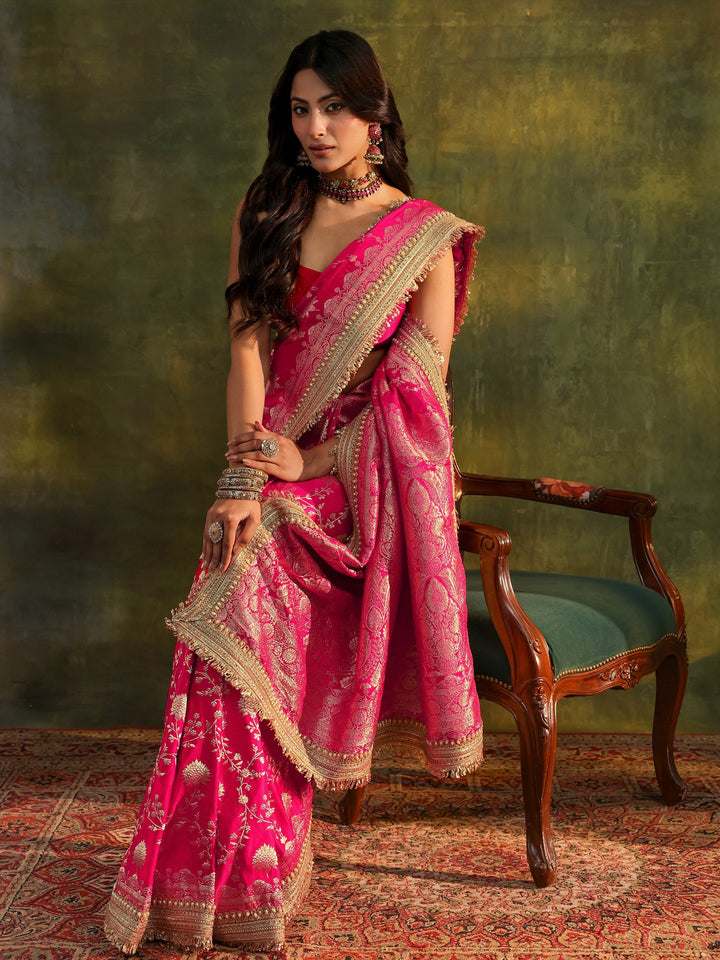 Libas Art Pink Banarasi Silk Saree With Unstitched Blouse Piece