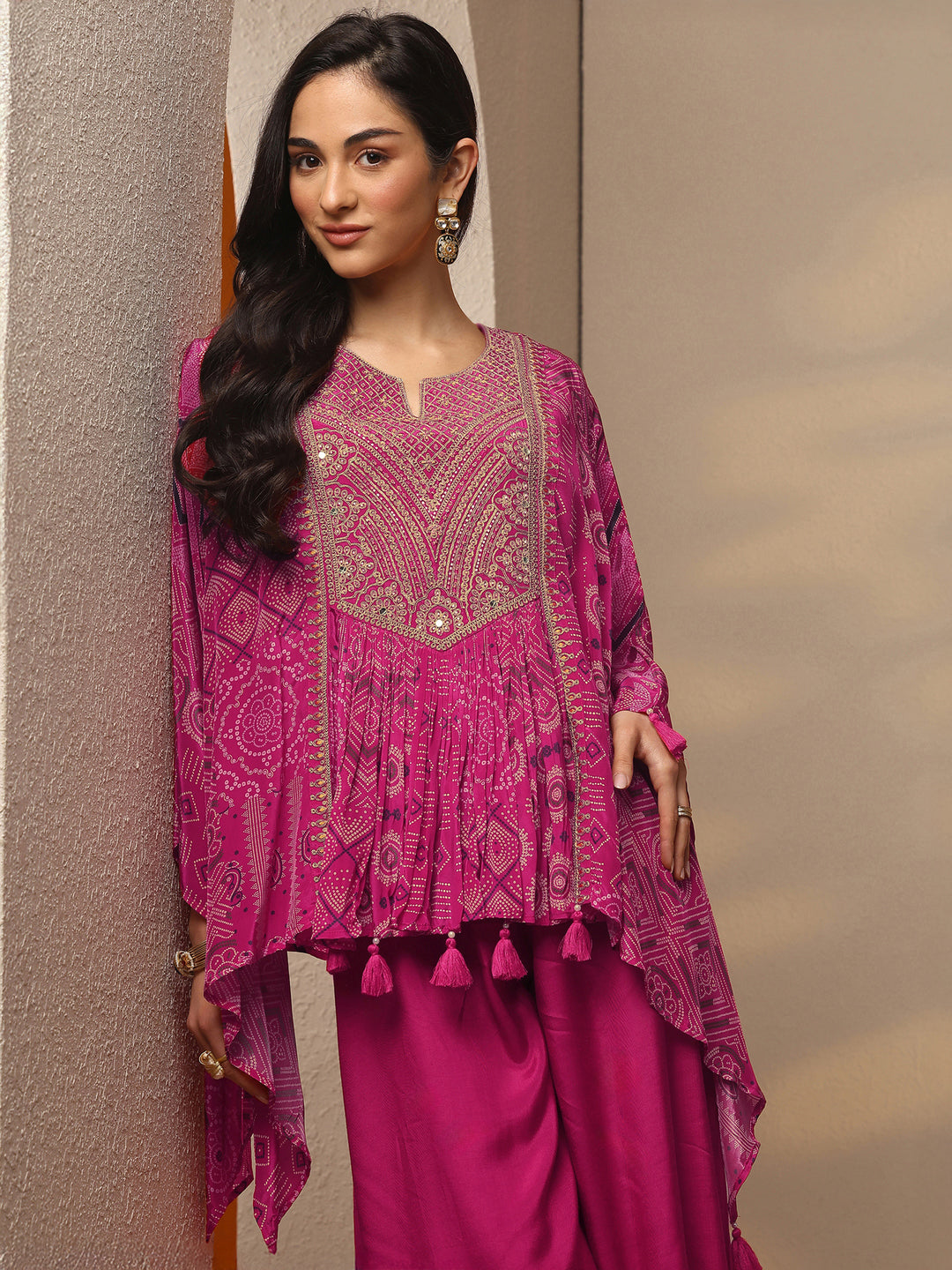 Libas Art Pink Bandhani Printed A-Line Kurta Set