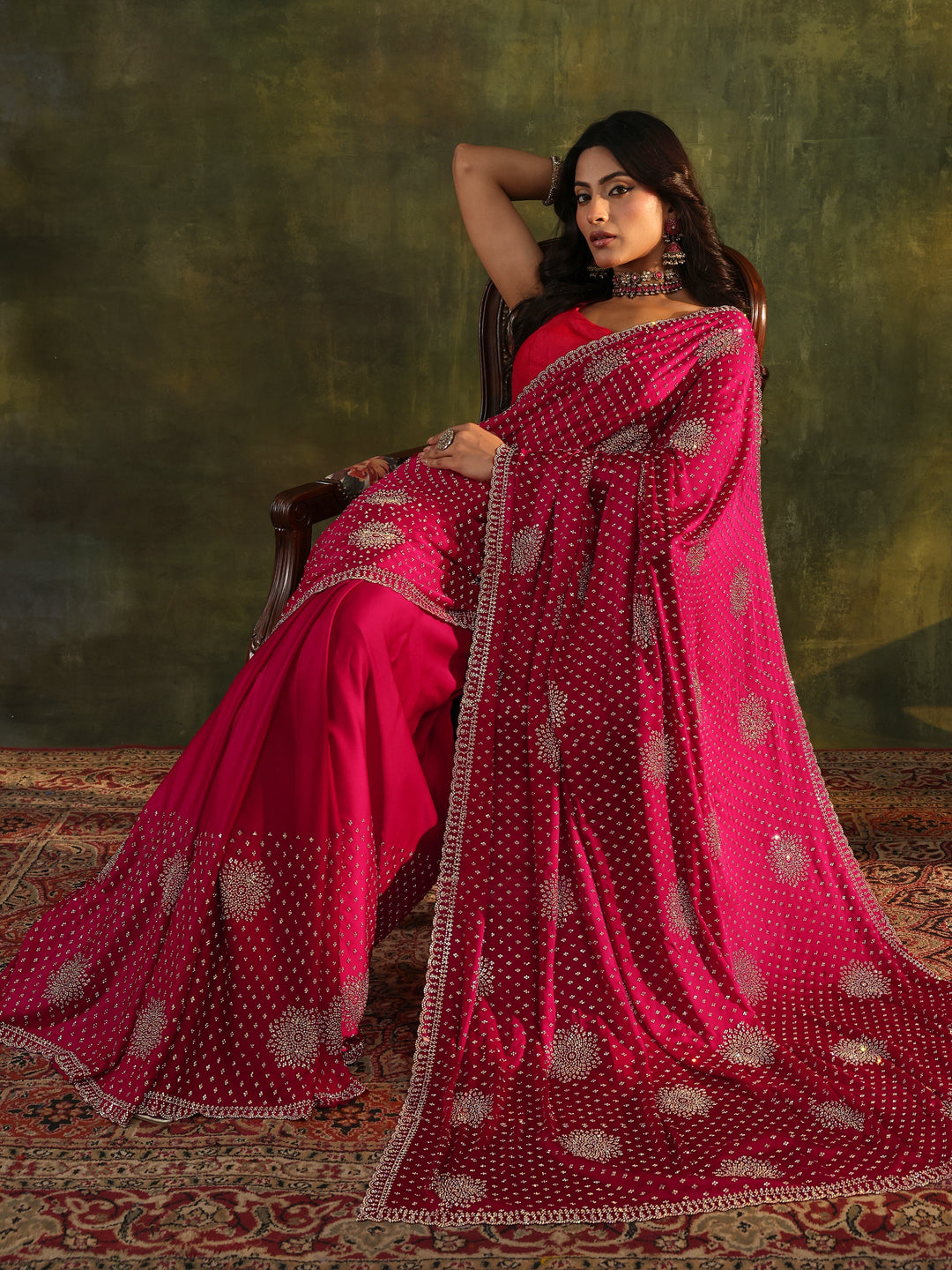 Libas Art Pink Embellished Satin Saree With Unstitched Blouse Piece