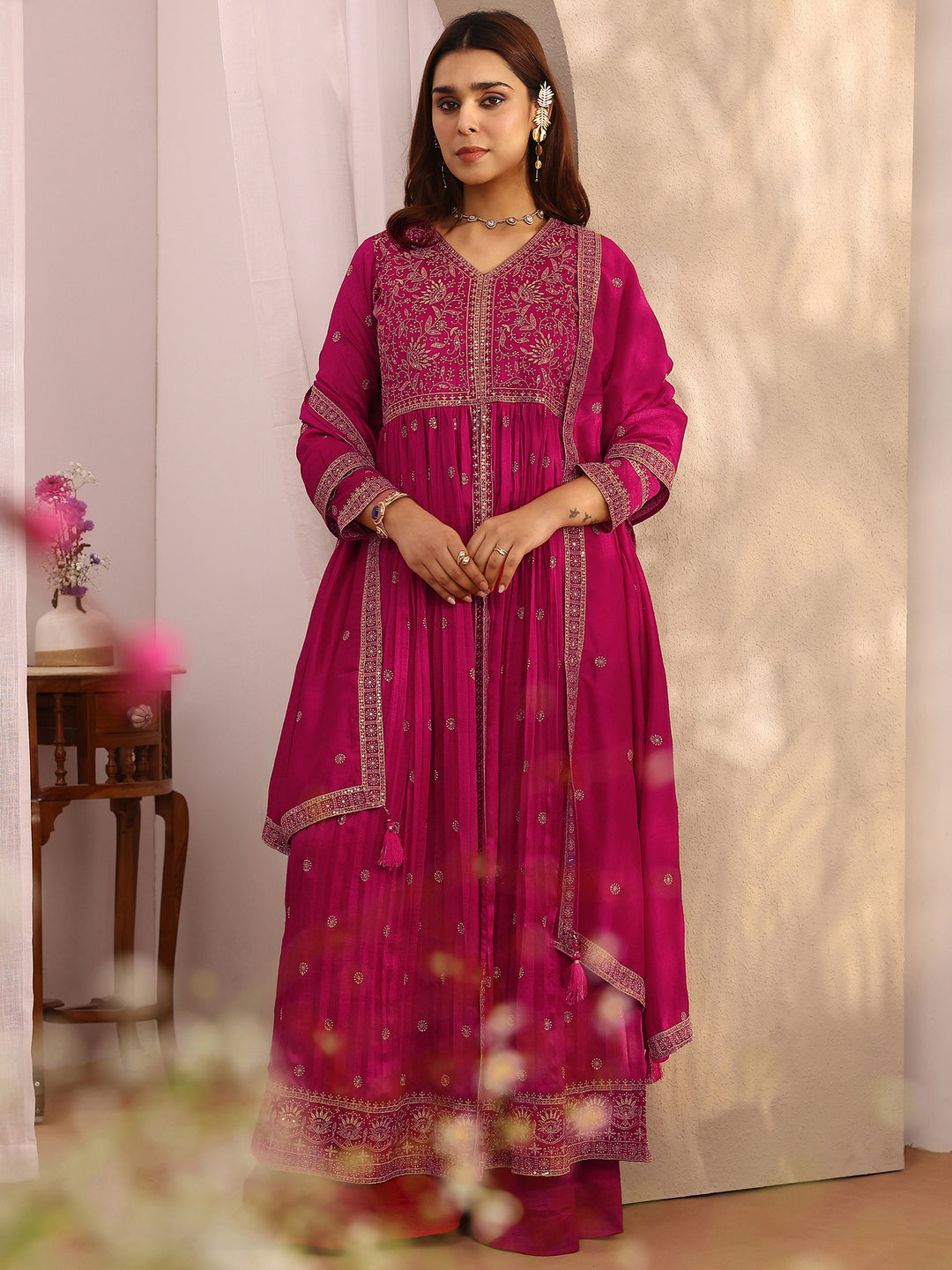 Libas Art Pink Embroidered Chinon Anarkali Suit Set With Dupatta