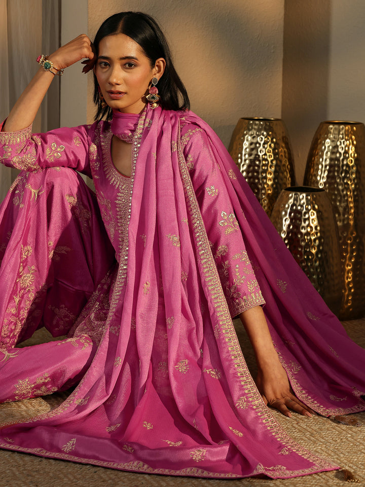 Libas Art Pink Embroidered Chinon Straight Suit Set With Dupatta