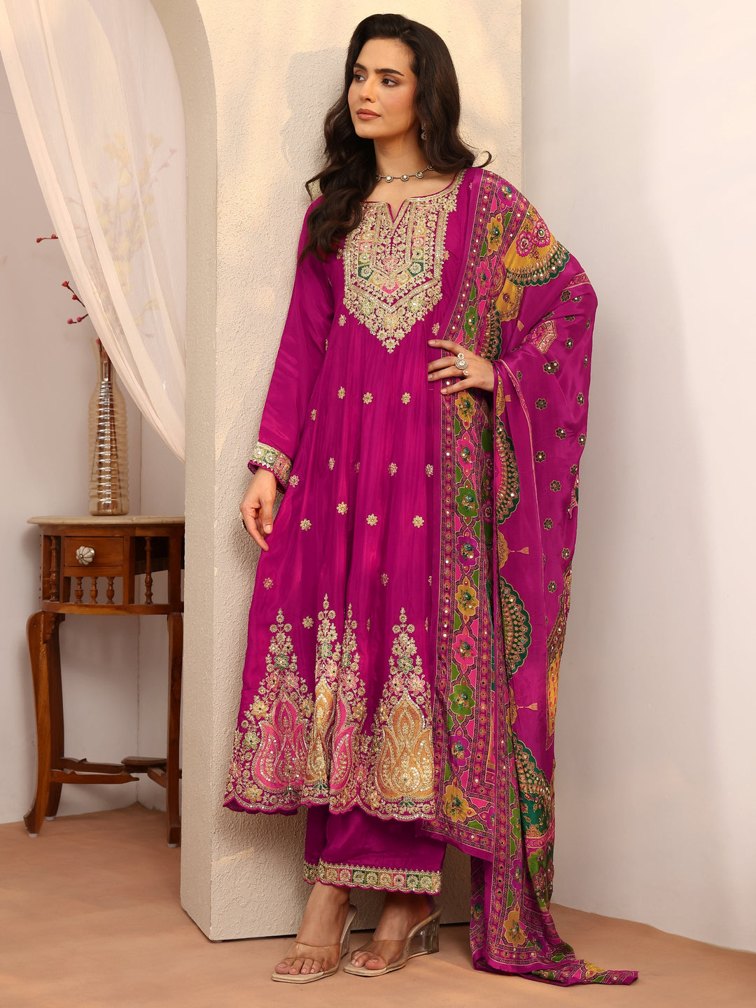 Libas Art Pink Embroidered Crepe Anarkali Suit Set With Dupatta