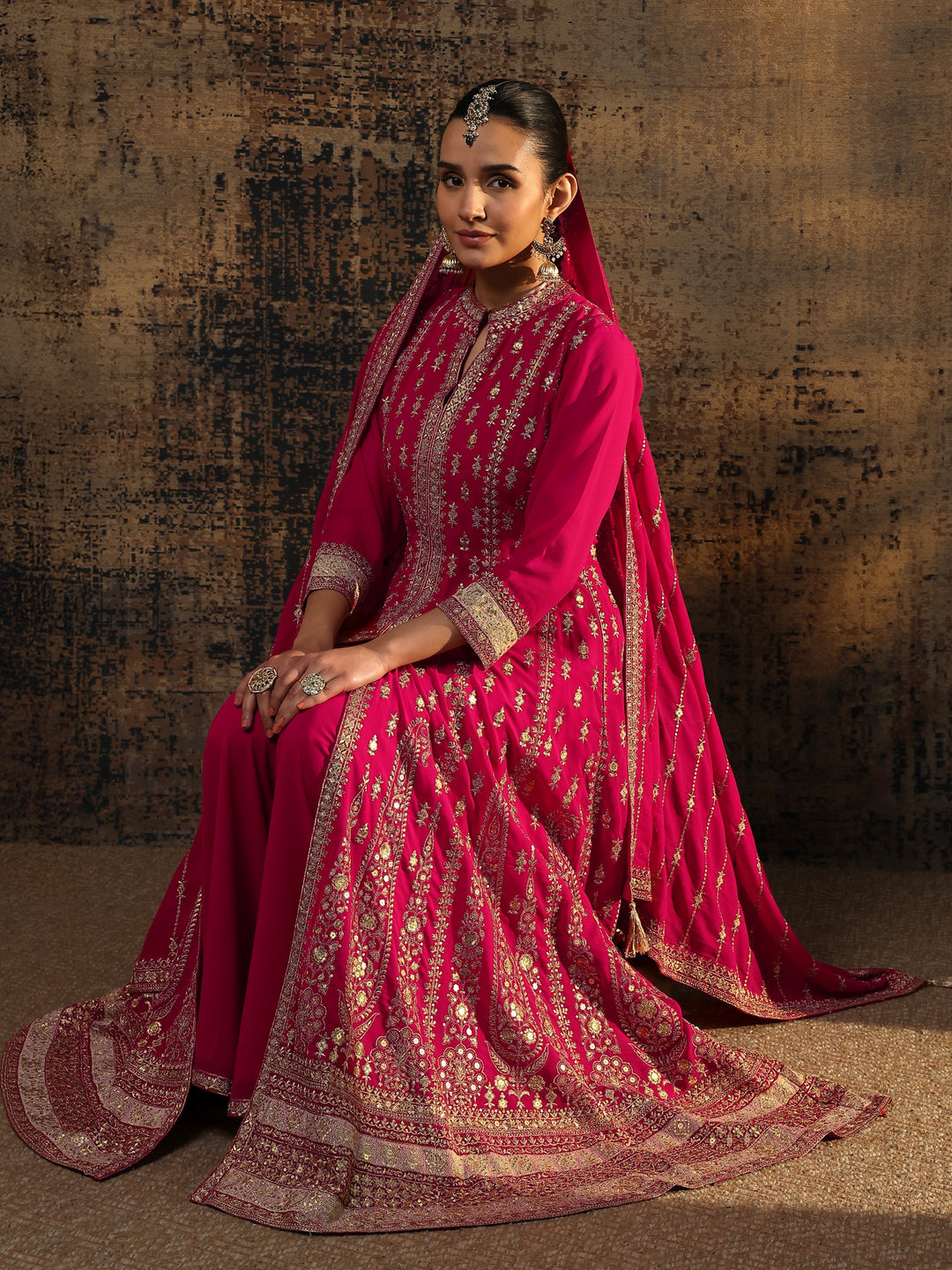 Libas Art Pink Embroidered Georgette Anarkali Suit Set With Dupatta