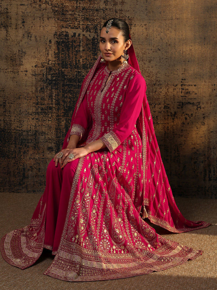 Libas Art Pink Embroidered Georgette Anarkali Suit Set With Dupatta