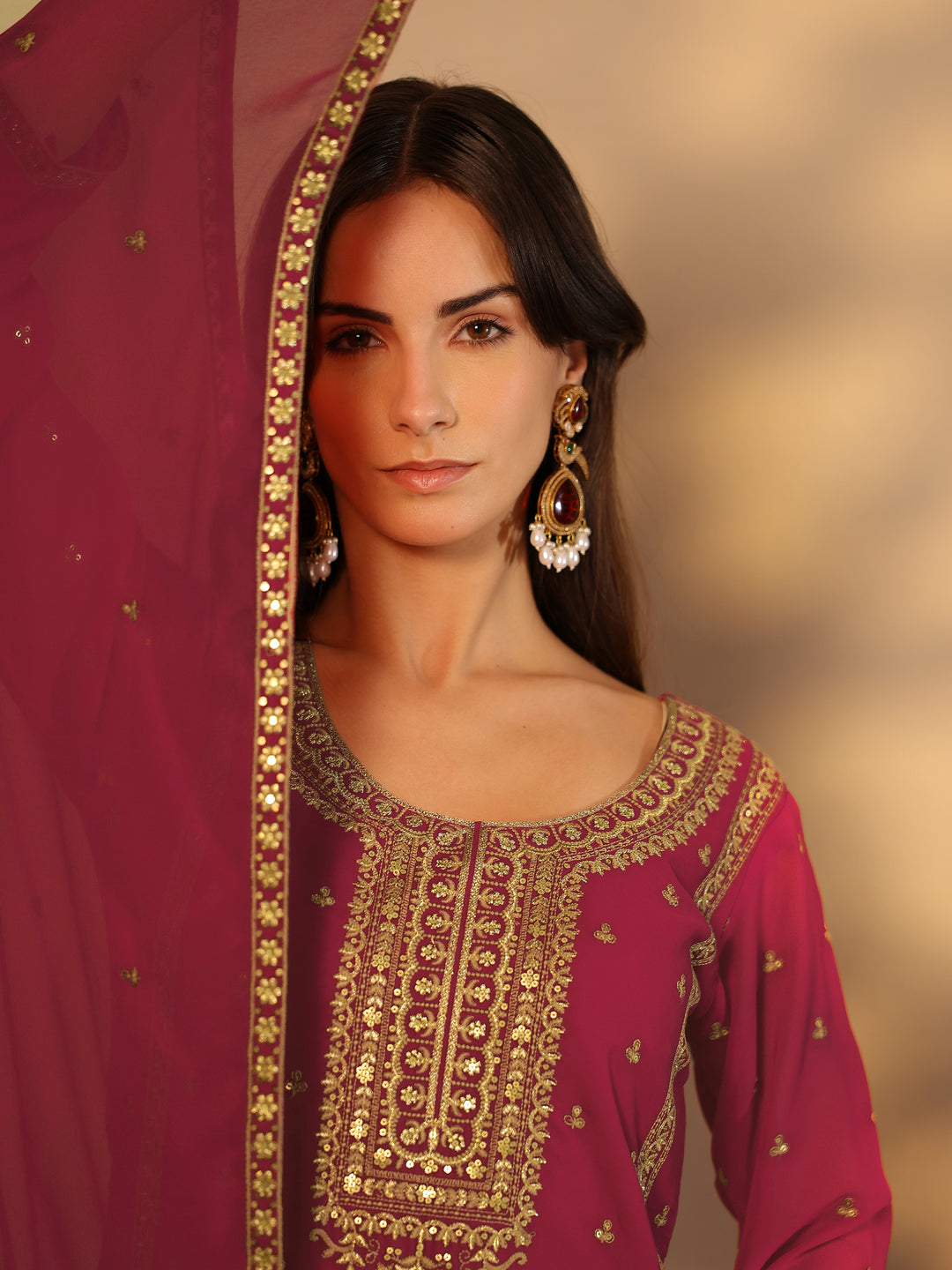 Pink Embroidered Georgette Suit Set With Dupatta