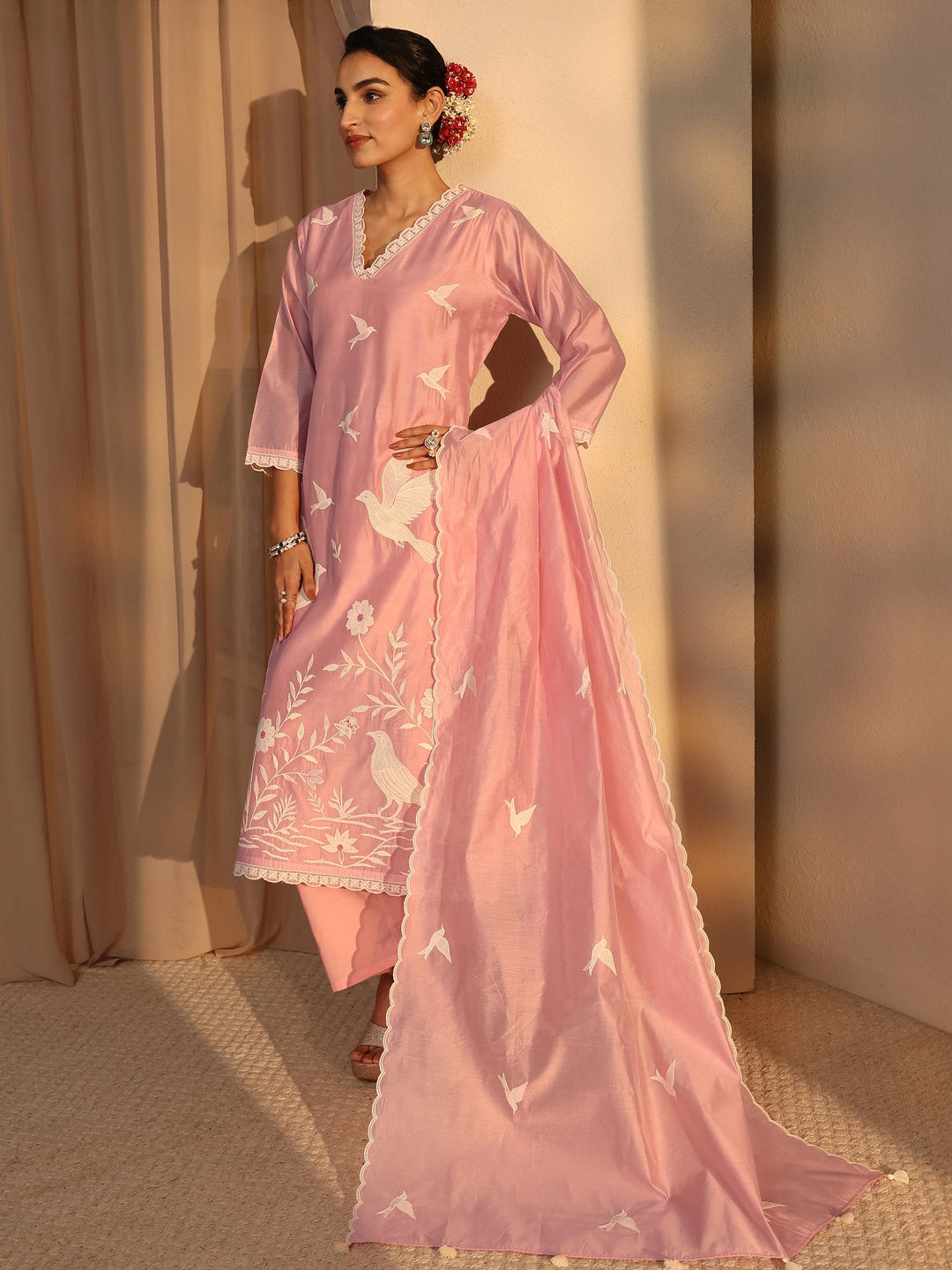Libas Art Pink Embroidered Silk Blend Straight Suit Set With Dupatta