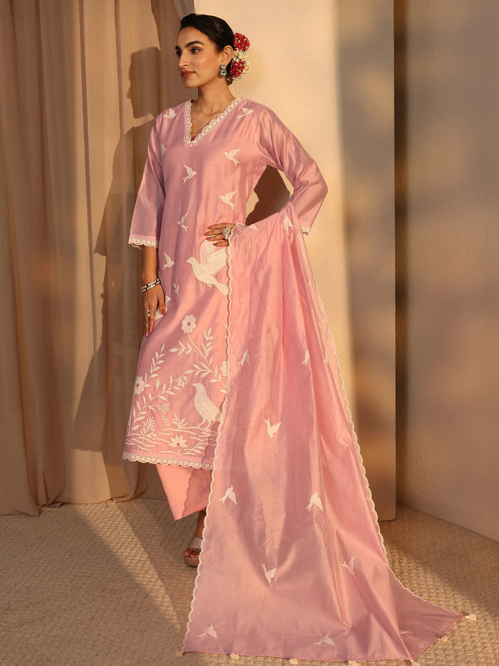 Libas Art Pink Embroidered Silk Blend Straight Suit Set With Dupatta