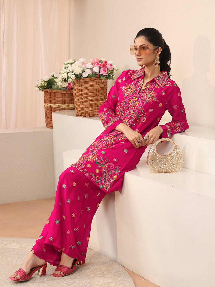 Libas Art Pink Ethnic Embroidered Crepe Co-Ord Set