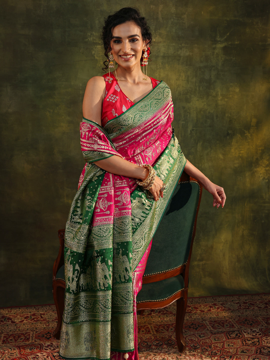 Libas Art Pink Ethnic Woven Design Satin Saree With Unstitched Blouse Piece