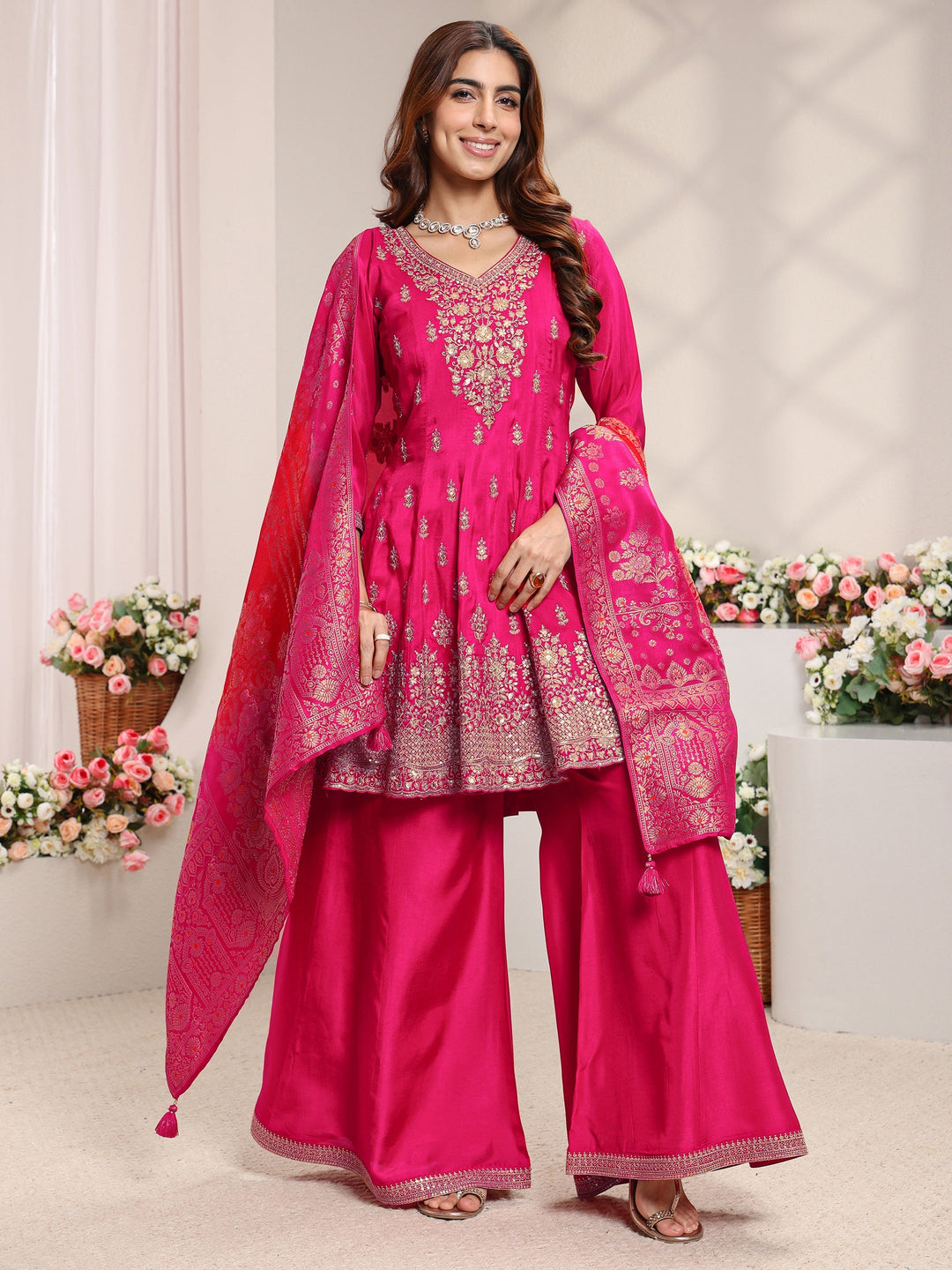 Libas Art Pink Floral Embroidered Silk Blend A-Line Suit Set With Dupatta