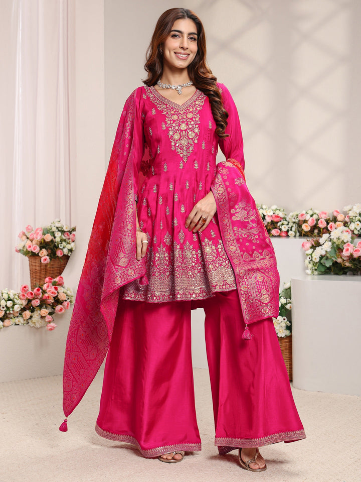 Libas Art Pink Floral Embroidered Silk Blend A-Line Suit Set With Dupatta