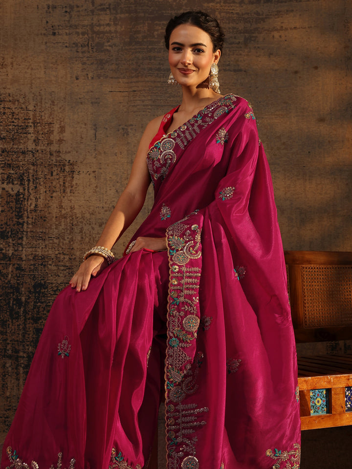 Libas Art Pink Floral Embroidered Tissue Saree With Unstitched Blouse Piece