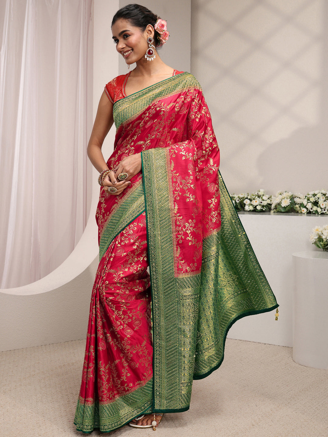 Libas Art Pink Floral Woven Design Satin Saree With Unstitched Blouse Piece