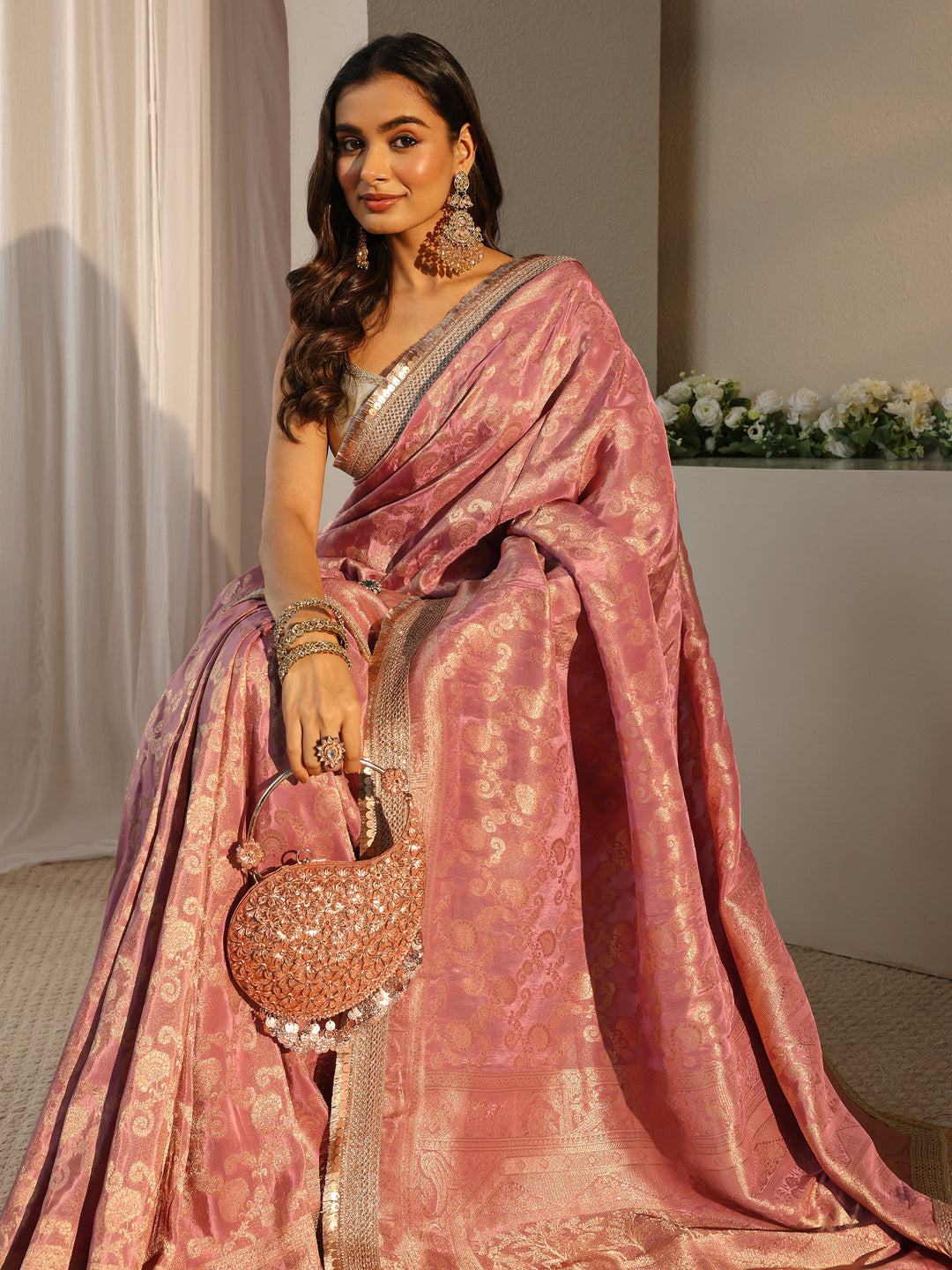 Libas Art Pink Floral Woven Design Silk Blend Saree With Unstitched Blouse Piece