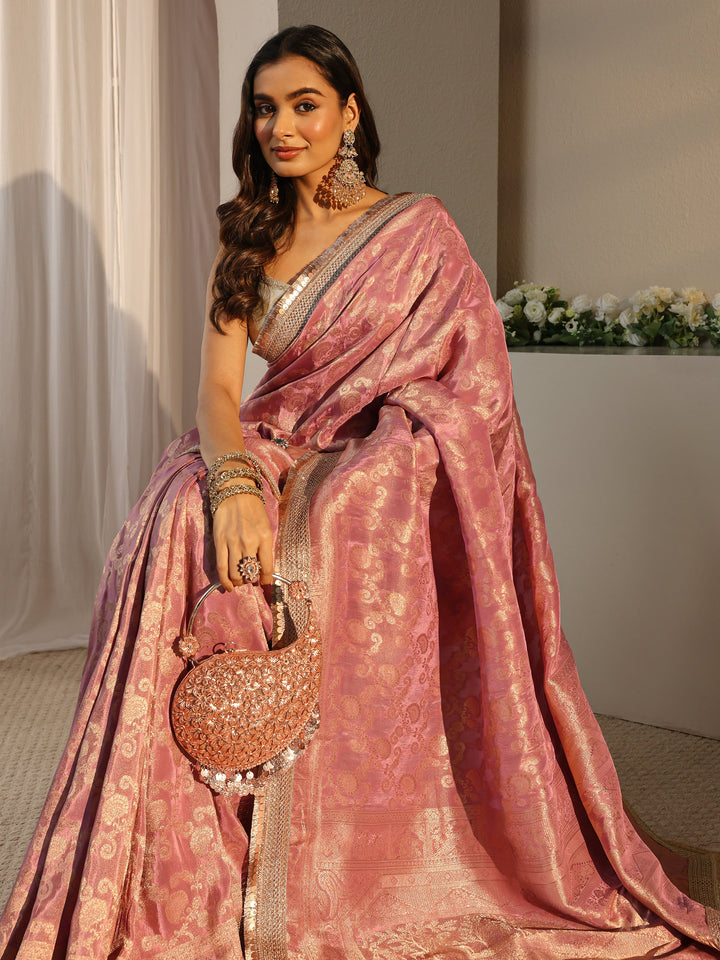 Libas Art Pink Floral Woven Design Silk Blend Saree With Unstitched Blouse Piece