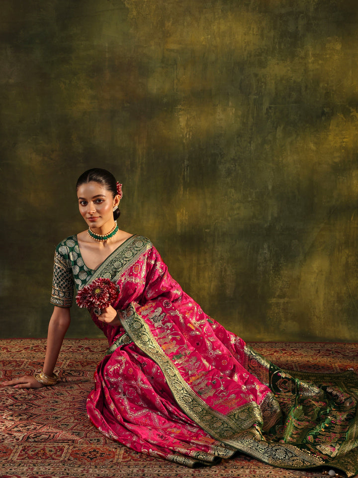 Libas Art Pink Gharchola Woven Design Satin Saree With Unstitched Blouse Piece