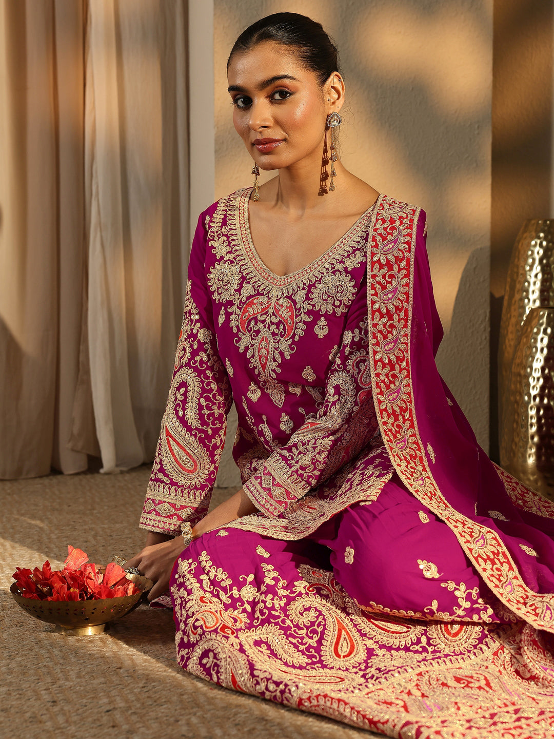 Libas Art Pink Paisley Embroidered Georgette Straight Suit Set With Dupatta