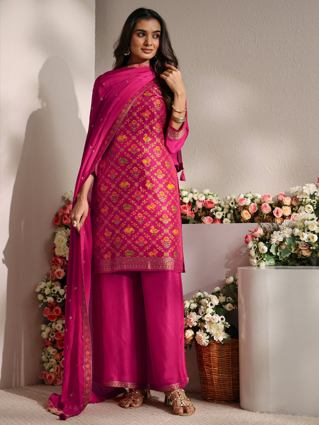 Libas Art Pink Patola Woven Design Silk Blend Straight Suit Set With Dupatta