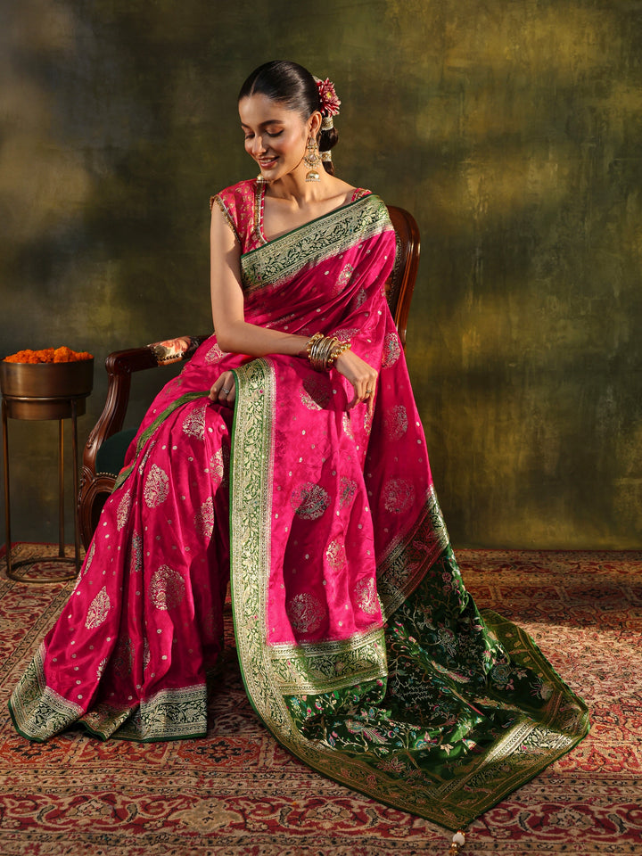 Libas Art Pink Woven Design Satin Banarasi Saree With Unstitched Blouse Piece