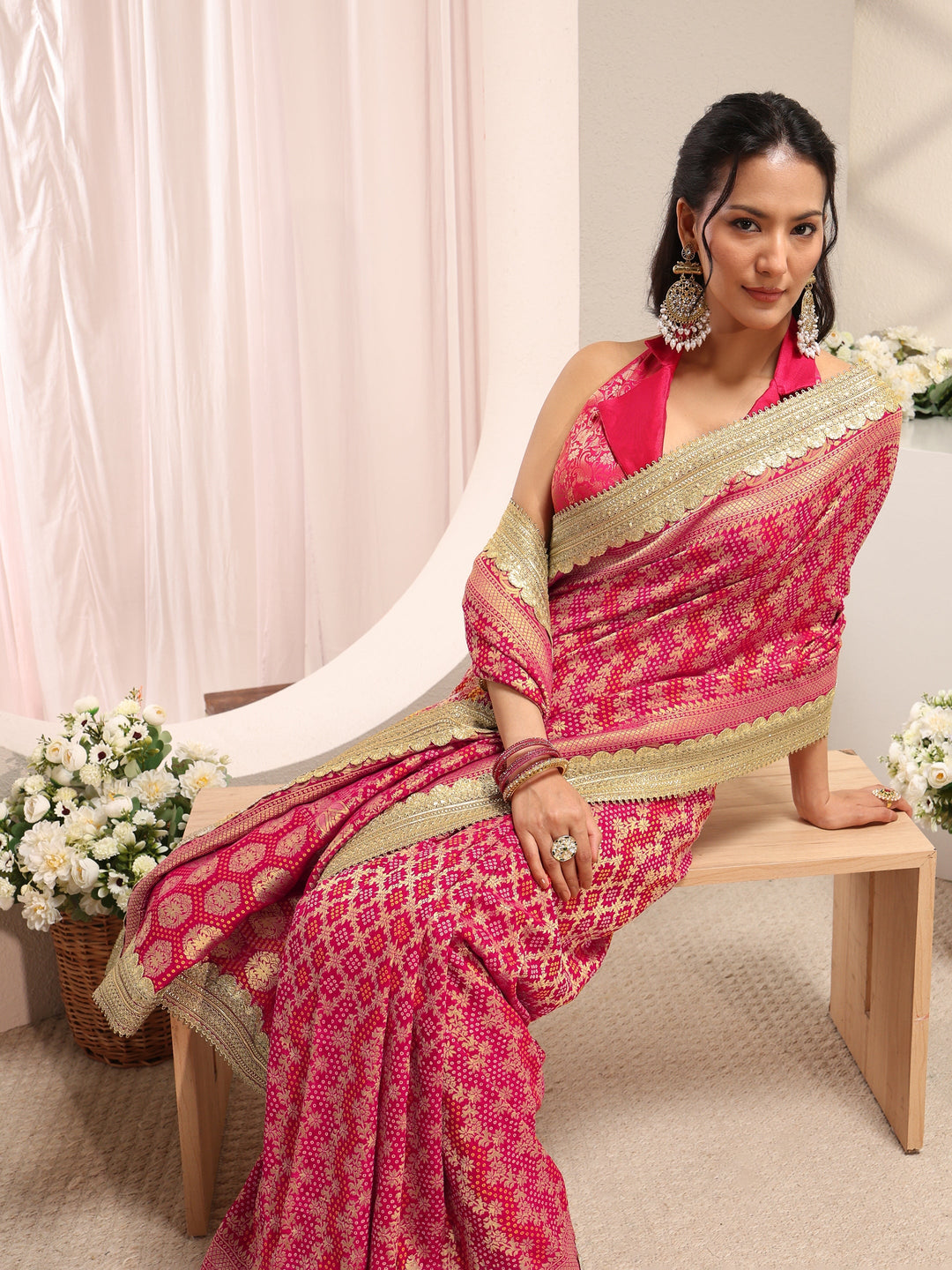 Libas Art Pink Woven Design Satin Saree With Unstitched Blouse Piece