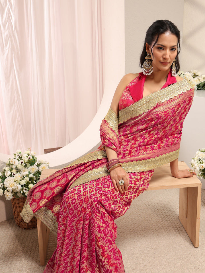Libas Art Pink Woven Design Satin Saree With Unstitched Blouse Piece