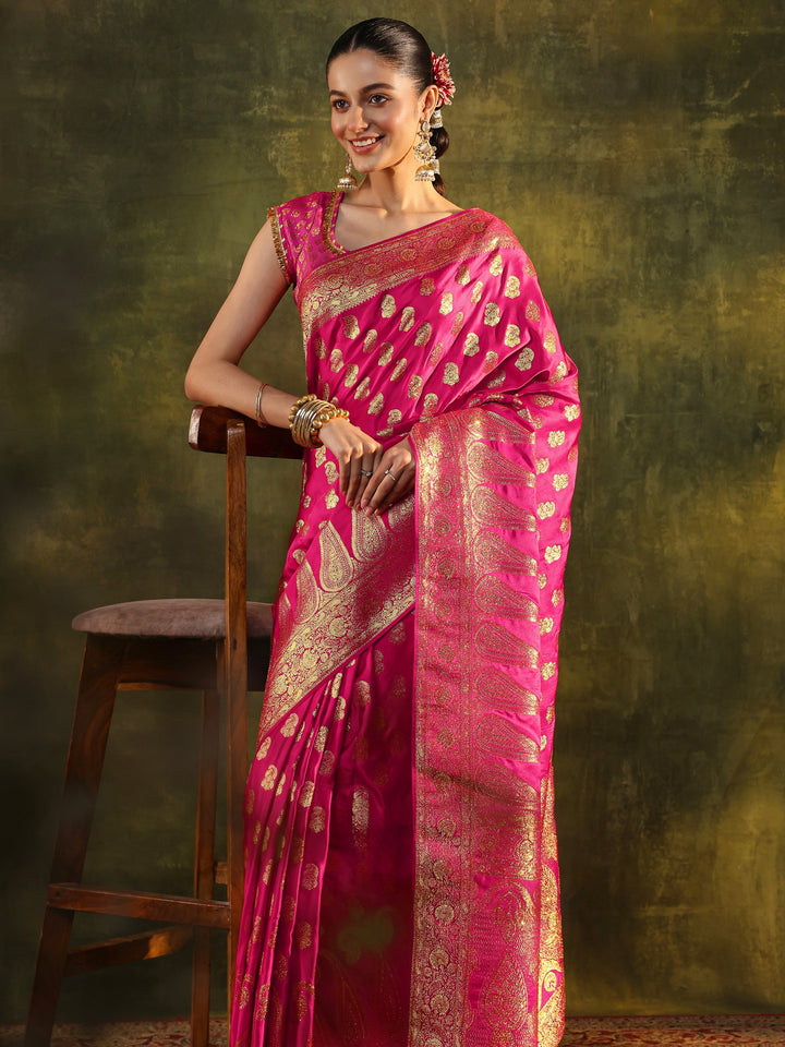 Libas Art Pink Woven Design Silk Blend Banarasi Saree With Unstitched Blouse Piece