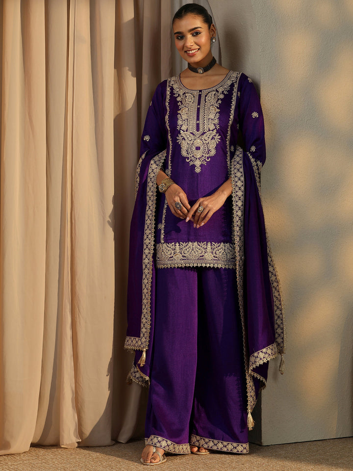 Libas Art Purple Embroidered Organza Straight Suit Set With Dupatta