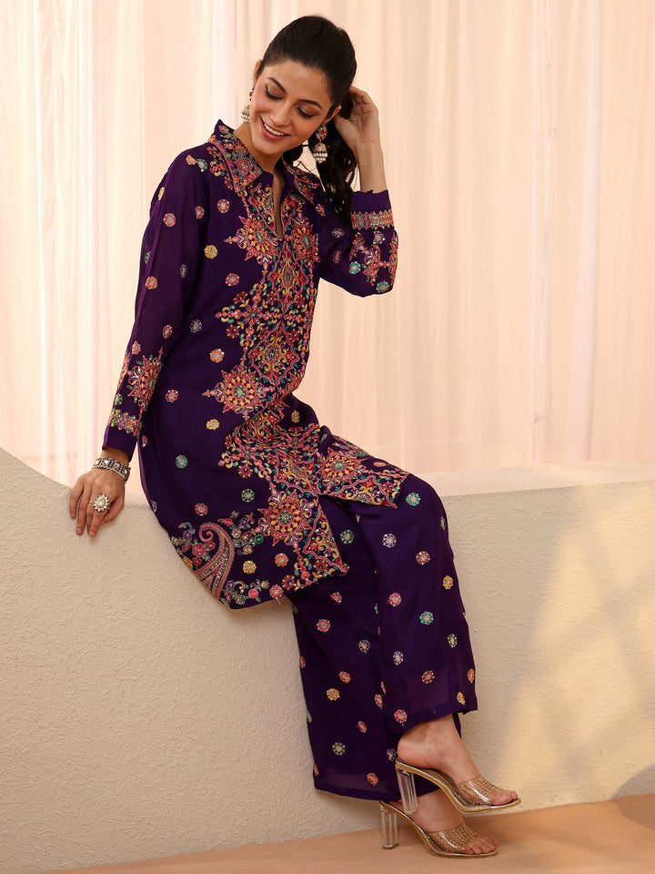 Libas Art Purple Ethnic Embroidered Crepe Co-Ord Set