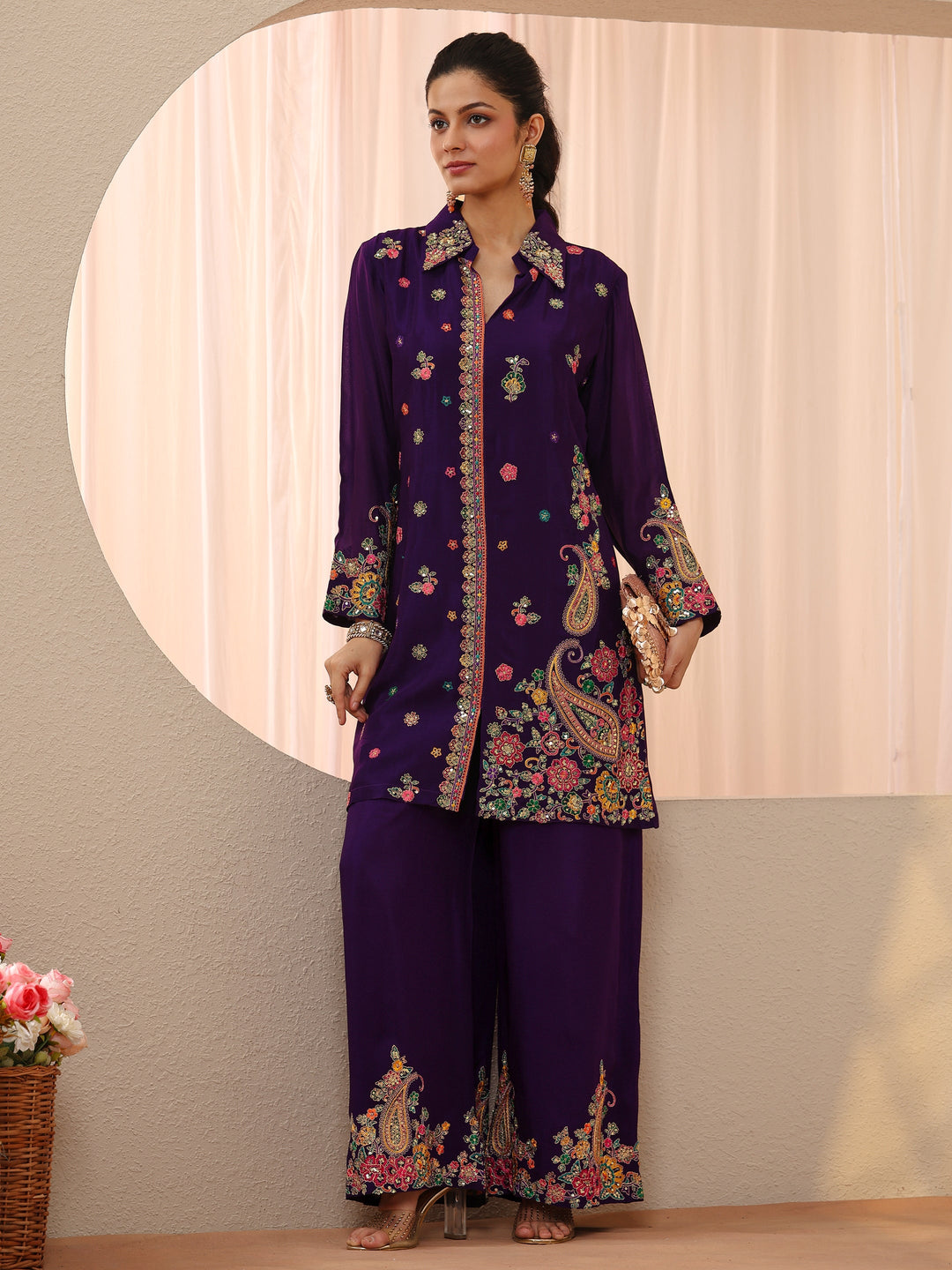 Libas Art Purple Floral Embroidered Crepe Co-Ord Set