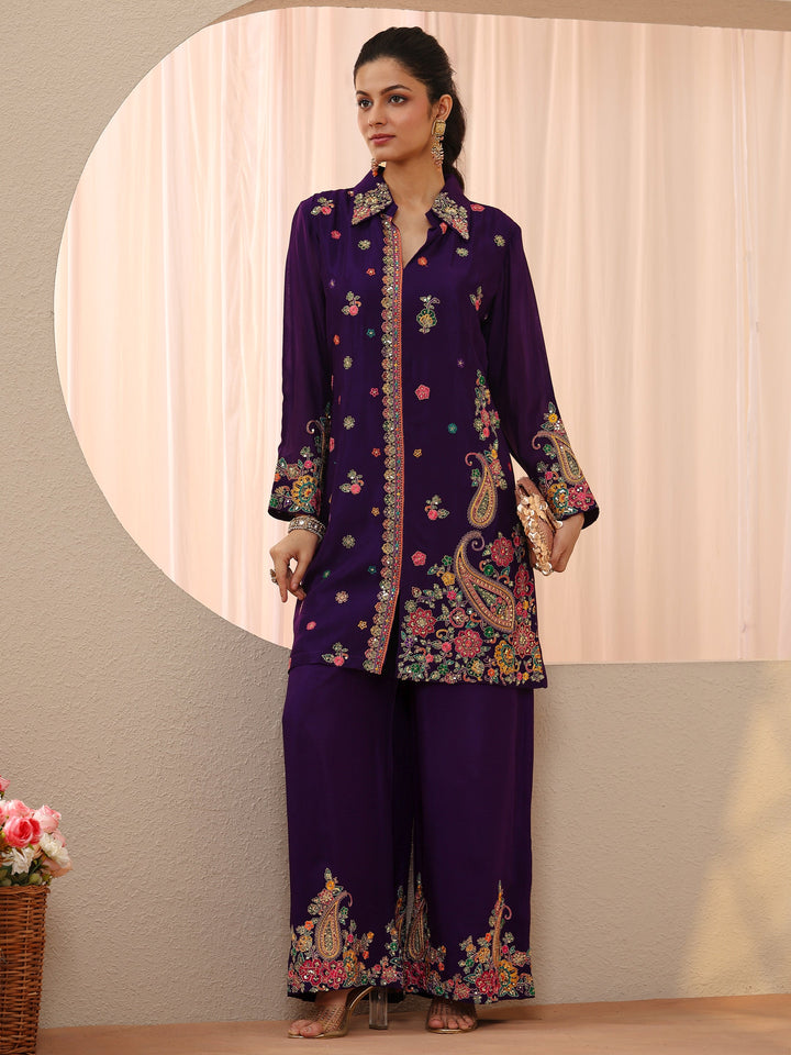 Libas Art Purple Floral Embroidered Crepe Co-Ord Set