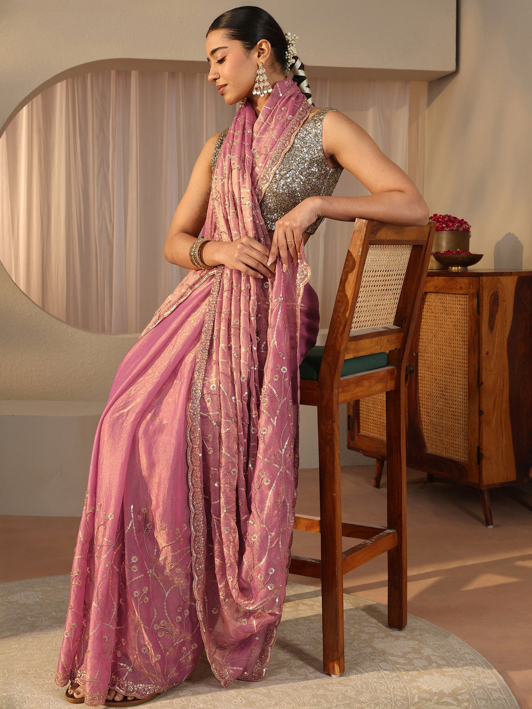 Libas Art Purple Floral Embroidered Tissue Saree